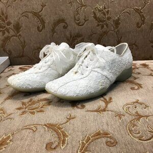 Dye-Able White Lace Satin Sneaker, Ribbon-Tie Formal Dress Wedding Rubber Sole